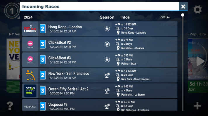 On accède à cet aperçu des régates en cliquant sur le symbole du calendrier