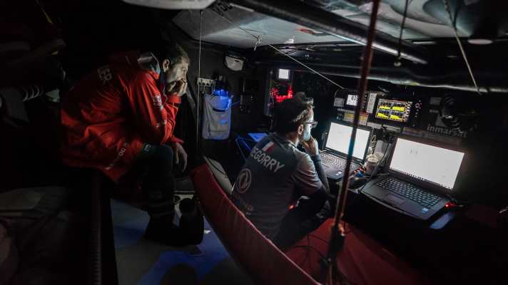   There have been better days than this: Dongfeng skipper Charles Caudrelier and his navigator Pascal Bidégorry are "not amused" about their current situation