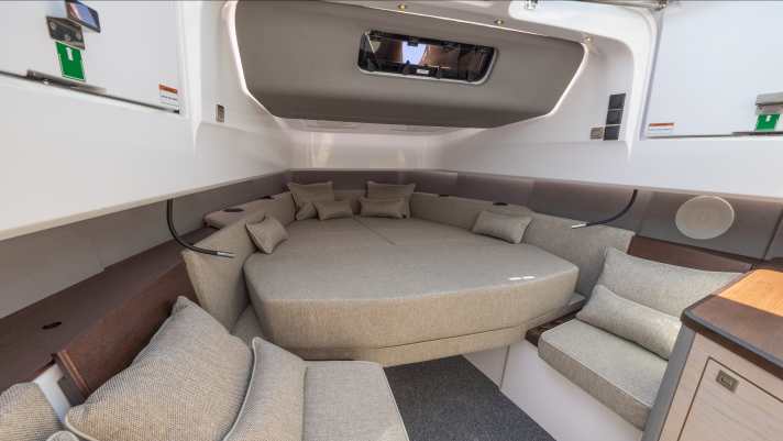 The front cabin of the Axopar 45. A rear cabin can also be ordered and added on a modular basis.