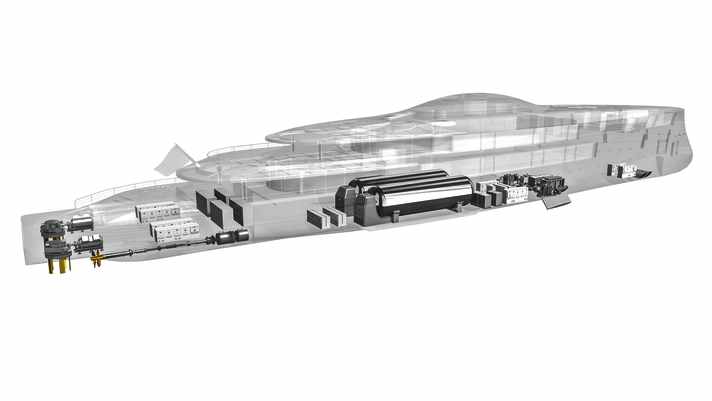 „Aqua“: Sinots 112-Meter-Konzept zeigt, wie viel Raum zylindrische Wasserstofftanks einnehmen. Großformate kombinieren Brennstoffzellen daher mit Methanol, das ähnlich wie Diesel gebunkert wird.