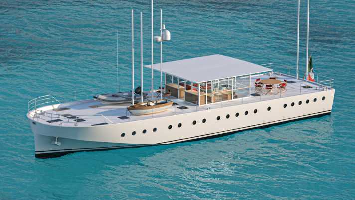 "Zattera": With its masts, the 24 metres are reminiscent of a sailing yacht, but there is no cloth. Propulsion is provided by a hybrid drive. | b.