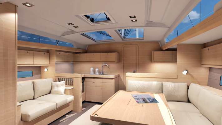   Dufour 460 GL : cuisine sur la cloison principale et grandes fenêtres panoramiques au-dessus