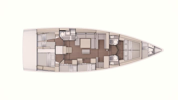   Narrower: two aft cabins, two bunk bed compartments, two forward compartments