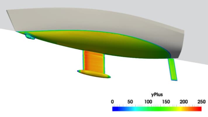   Simulazione del flusso di uno yacht con elica SX. Sleipner dichiara che l'Hydropod produce meno di cinque chilogrammi di resistenza aerodinamica aggiuntiva a una velocità di 7,5 nodi.
