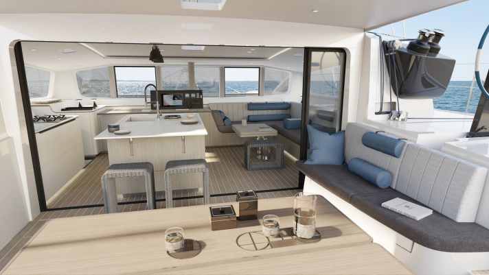   Cockpit und Salon gehen fast nahtlos ineinander über