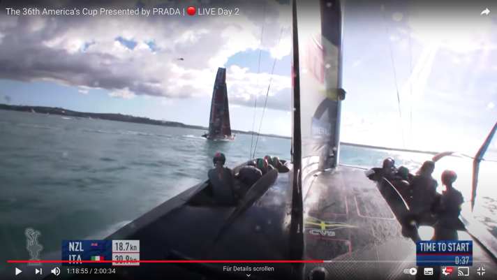   37 seconds before the start, the New Zealanders are off the foils, slow, the Italians are shooting towards them