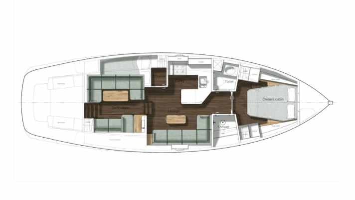 Une des nombreuses variantes d'aménagement intérieur du Puffin 42. Deux cabines doubles, une salle d'eau en deux parties avec douche séparée, une grande cuisine en forme de U et une dînette avec poste de pilotage intérieur surélevé dans la timonerie.