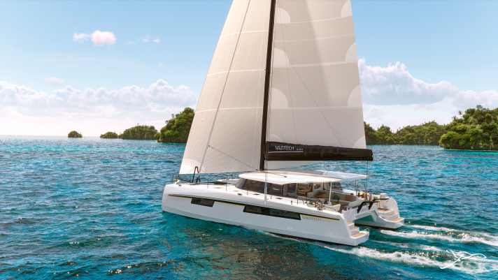 Nautitech 48 Open : longueur 14,60 m ; largeur 7,97 m ; poids 13,5 t ; prix à partir de 1.046.000 euros