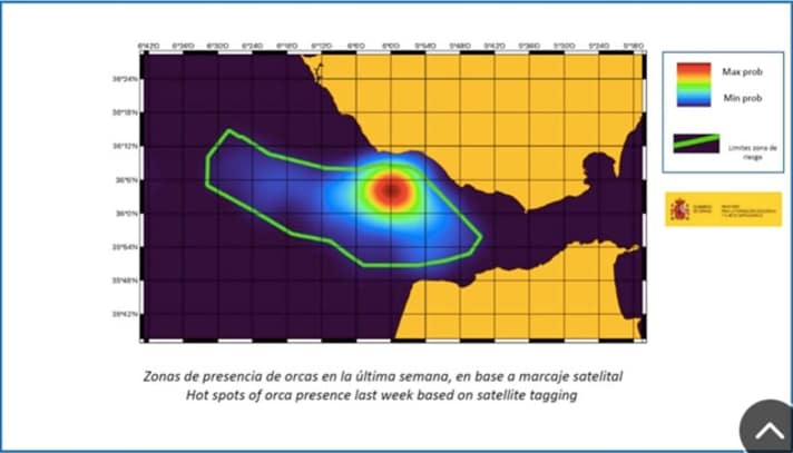 Voici à quoi ressemblait la zone d'alerte aux orques fin mai.