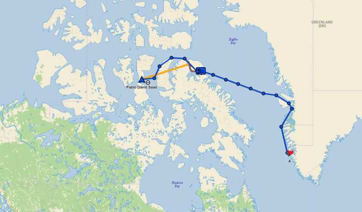   Le parcours de l'"Anahita". De Nuuk, sur la côte du Groenland, il a traversé la baie de Baffin jusqu'à Pond Inlet et a continué jusqu'à l'entrée du détroit de Bellot. Là, le navire a été pris dans les glaces flottantes et a coulé.