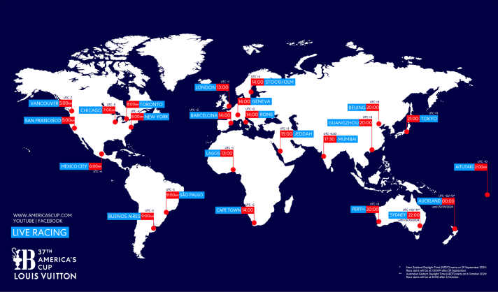 The planned TV times for the 37th America's Cup. In Germany, the races will always be shown from 2 pm onwards