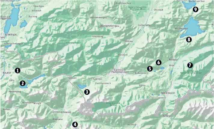 The Stecher brothers and their two friends cycled the Urisee (1), small Plansee and Plansee (2), Heiterwanger See, Eibsee (3), Frillensee, Blindsee, Mittersee, Weißensee, Seebensee, Drachensee (4), Weidachsee, Mühlegg-See, Lautersee, Ferchensee, Wagenbrüchsee, Geroldsee (5), Barmsee (6), Grubsee, Tennsee, Soiernsee (7), Sachensee, Walchensee (8), Kochelsee (9).