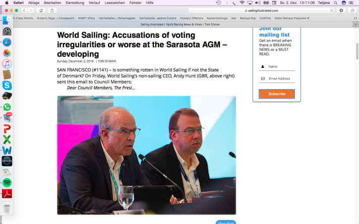   A screenshot of the critical report on the choice of future Olympic classes at the annual meeting of the World Sailing Federation