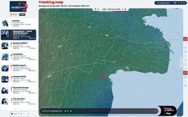   Le posizioni il 27 gennaio alle 4 del mattino. La "spaccatura" del gruppo di testa è chiaramente visibile: Dalin e Herrmann a Capo Finisterre e gli inseguitori a nord.
