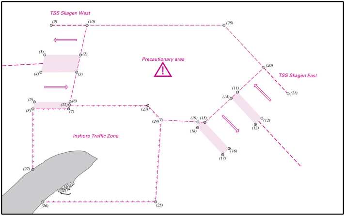   The new traffic separation schemes "Skagen West" and "Skagen East". The caution area in between may be crossed