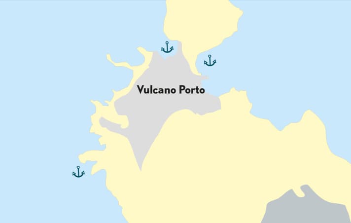   2° Vulcano L'ancoraggio è relativamente riparato a est e a ovest dell'istmo al largo di Vulcanello. A sud si trova la Grotta del Cavallo con la sua baia di ancoraggio.