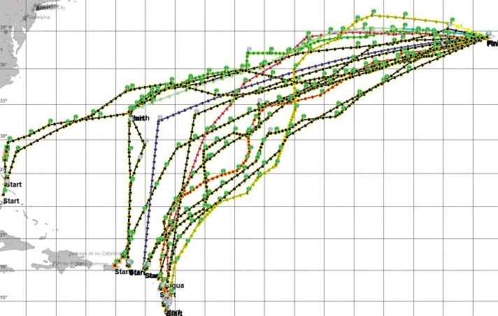   Viel los auf den Nordatlantik! Die Grafik zeigt dynamische Wetter-Routings für Crews, die im Frühjahr aus der Karibik nach Europa heimgekehrt sind