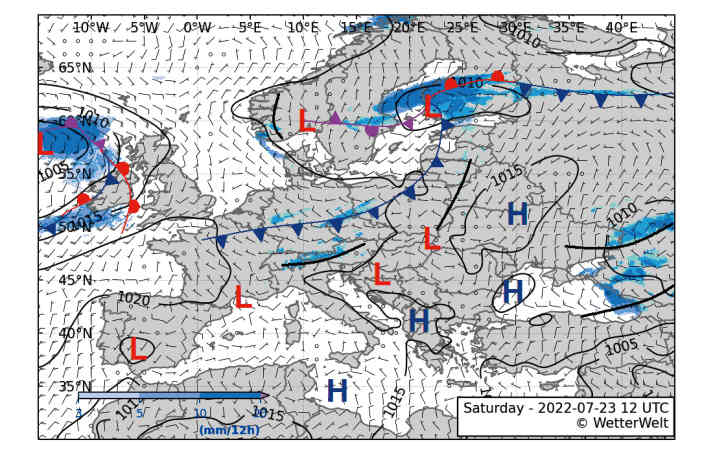 Example of a ground pressure map for Europe with highs and lows, fronts, wind arrows and precipitation