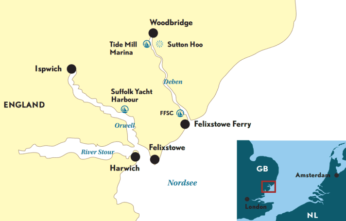 Depuis la côte sud des Pays-Bas, il y a un peu moins de 100 miles nautiques jusqu'à Felixstowe. La route vers l'est traverse des parcs éoliens et il faut faire attention aux courants de marée.