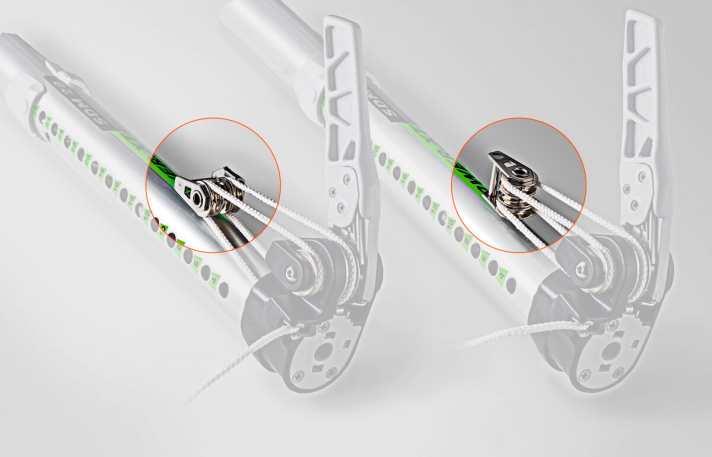 The pulley geometry of the North Sails Power.XT 2.0 is ingenious down to the last degree and millimetre. Depending on how you thread the rope at the beginning, you can simply loop through and hook in the loop when sailing with both pulley variants.