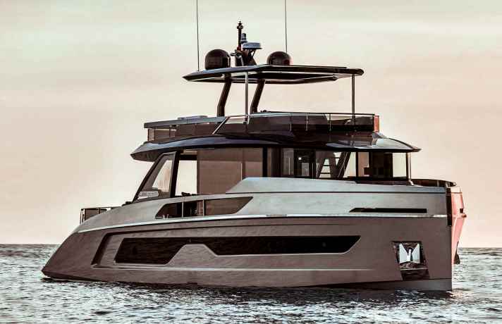 The 18.54 metre long GRP displacer from Bergamo surprises with its robust look and unusual interior layout