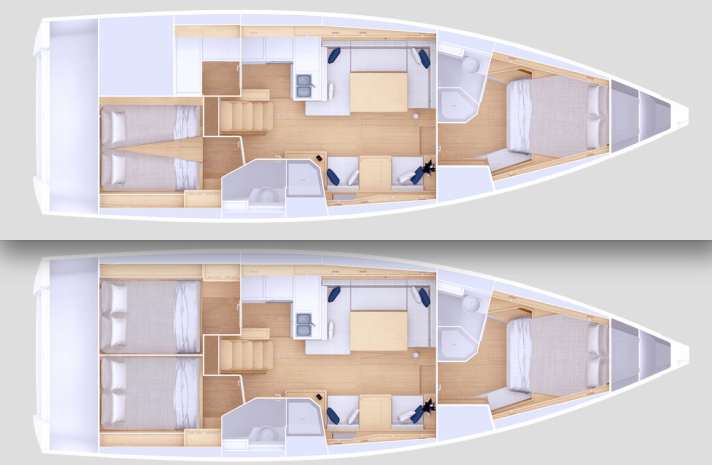 Grand Soleil 42 LC: configuration variants with two or three double cabins are possible, plus two very spacious bathrooms with shower compartment