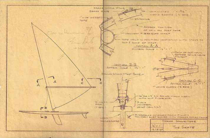 Diese Konstruktionszeichnung von Jim Drake aus dem Jahr 1967 bildete die Grundlage für die Patenterteilung 
für den Windsurfer – damals noch mit dem Arbeitsnamen „The Skate“.