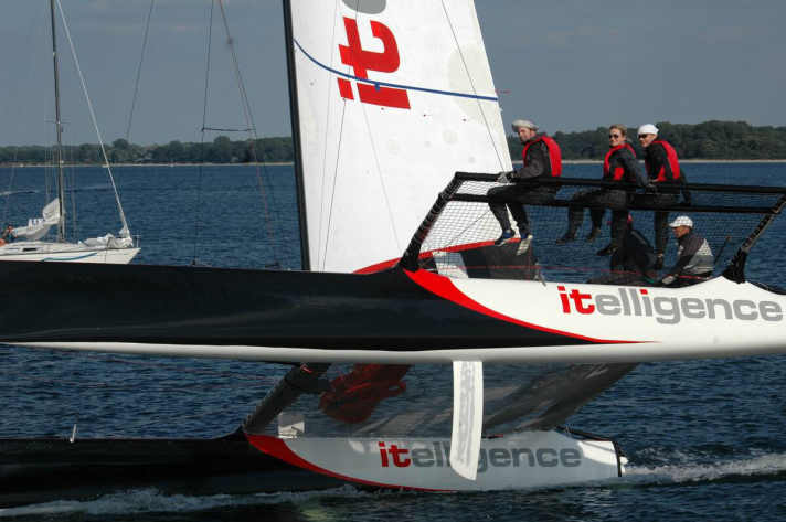   The machine is sailed downwind with a main only. The secured centreboards provide buoyancy