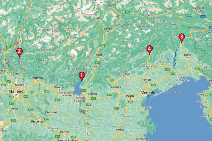 1: Gardasee; 2: Lago di Como; 3: Lago di Cavazzo; 4: Lago die Santa Croce