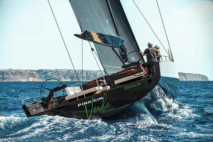 Gliding hull: "Pink Gin Verde" shows off her flat, wide stern. The Park Avenue boom accommodates the Doyle Stratis mainsail