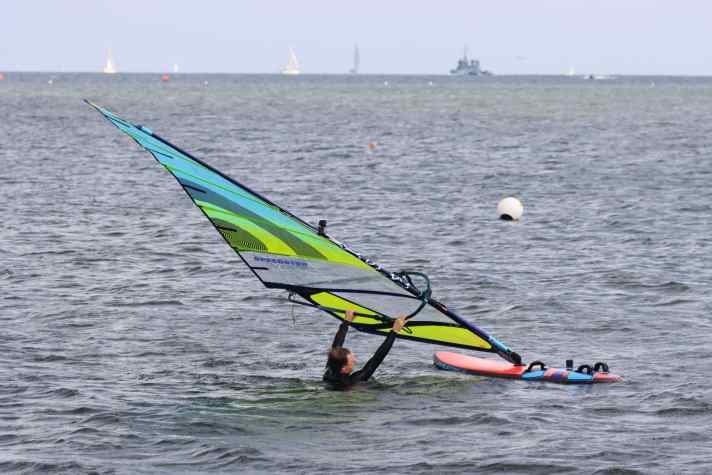 Der Wind hilft dabei, das Material in Wasserstartposition zu drehen.