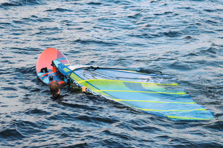 First pull the sail with the mast towards the tail and to windward, then the basic position is reached.
