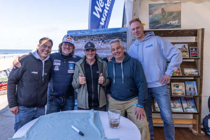 John Carter (centre) with Björn Dunkerbeck and the surf team at the World Cup Sylt