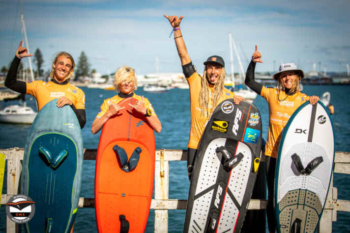 Chris Mac Donald (2nd from left) claimed his second victory on the GWA Wingfoil World Tour against Malo Guénolé (left)