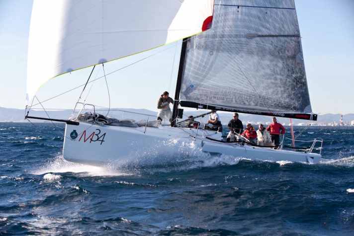  Full throttle under gennaker. The M34 particularly likes the space wind courses