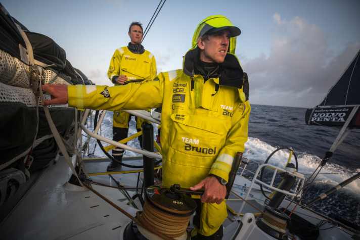   Every second counts in the final sprint: Kyle Langford (at the wheel) and Peter Burling get Team Brunel to Newport as quickly as possible