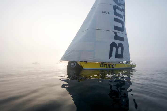   No wind on the nerve-wracking approach to Newport for Bouwe Bekking's Team Brunel