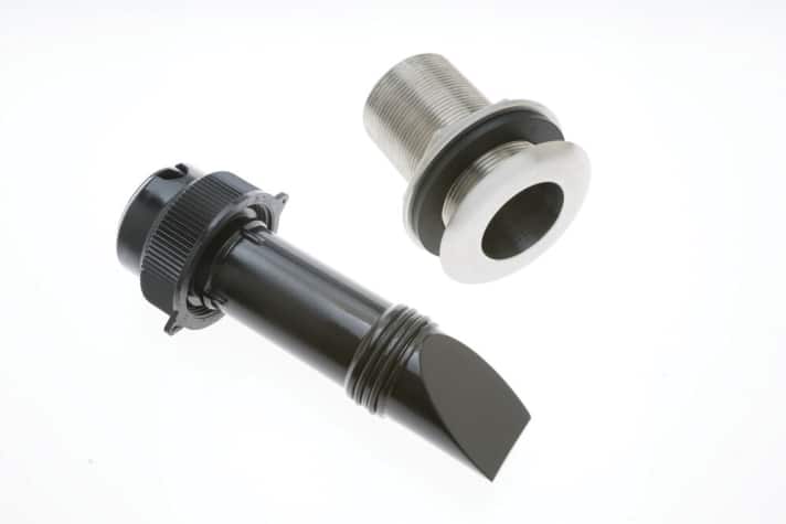   The transducer of the forward scan echo sounder from B&G. The bevelled area protrudes from the fuselage