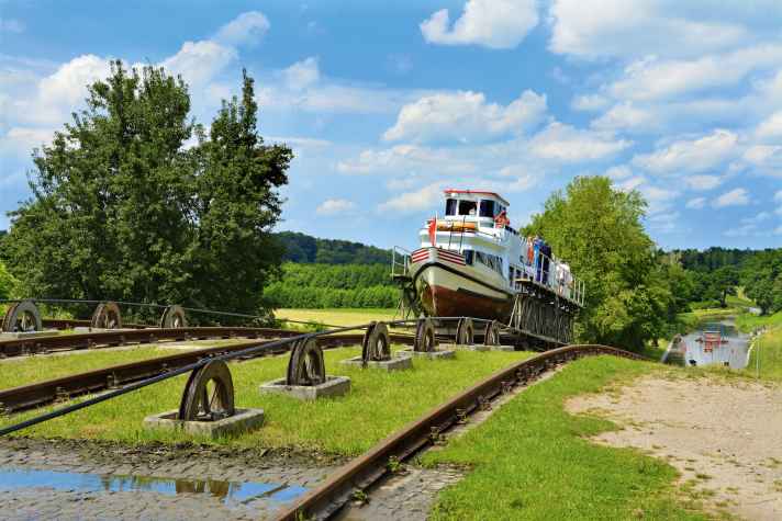 Schienen anstatt Schleusen: 1860 wurden geeignete Ebenen errichtet, sodass Transportwagen die Schiffe auf die jeweiligen Ebenen befördern konnten