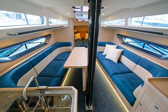 The mast is far aft and the saloon extends into the foredeck. You can like it
