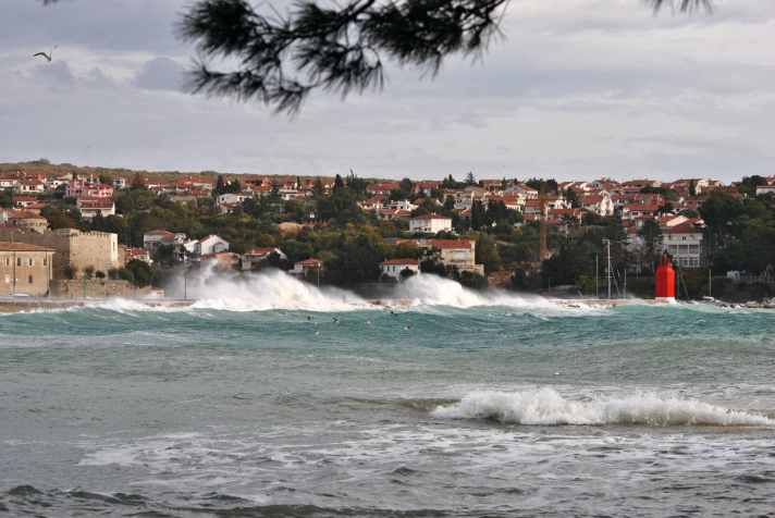 Krk town with strong Jugo winds from the south-east