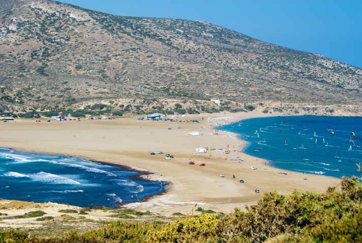 Ob Süden oder Norden: Rhodos bietet viele und vielfältige Spots. Hier im Bild: Prasonisi mit Flachwasser und (etwas)  Welle.