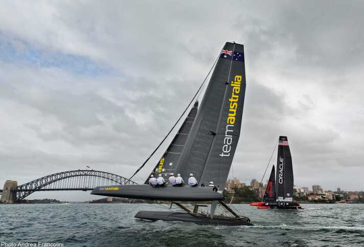   Team Australia training off Sydney. At the next America's Cup World Series, the AC45s will probably be travelling on foils