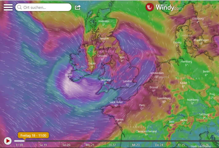   Wenn "Zeynep" die britischen Inseln überquert hat, kann es über der offenen Nordsee ungebremst Fahrt aufnehmen