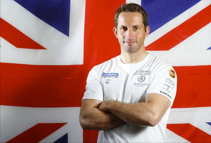   Sir Ben Ainslie and the Union Jack. He presents his AC team in London on 10 June