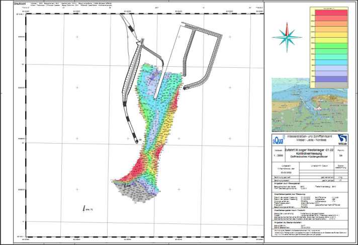   Punkt für Punkt zeigen die Peilungen die Wassertiefen an, wie hier in der Zufahrt zum Hafen Wangerooge
