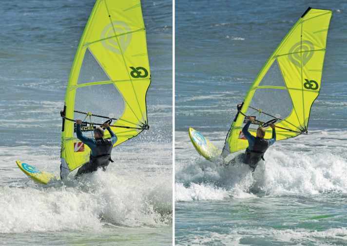 When crossing waves, the aim is always to approach the wave as head-on as possible and deliberately bring the bow upwards (right).