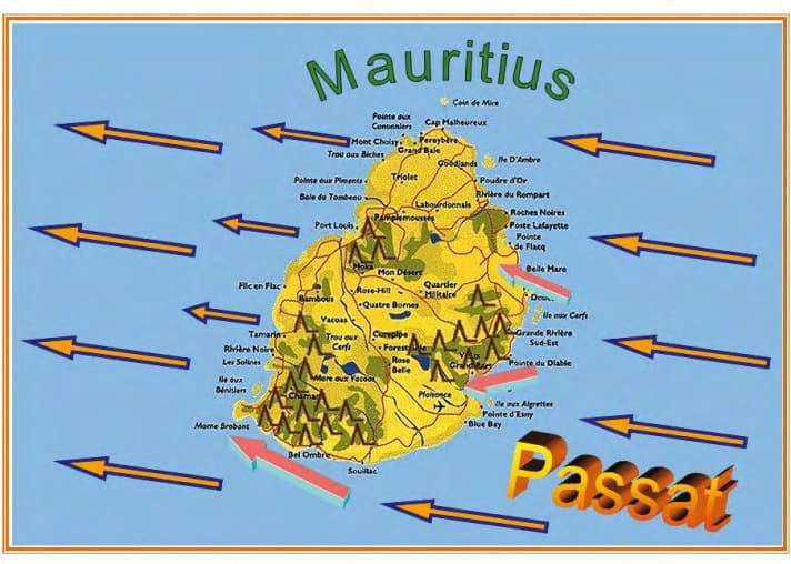 The blue-pink arrows show where the basic trade winds around Mauritius are tuned by topographical features. Le Morne in the south in particular benefits from the crash barrier effect of the mountains.