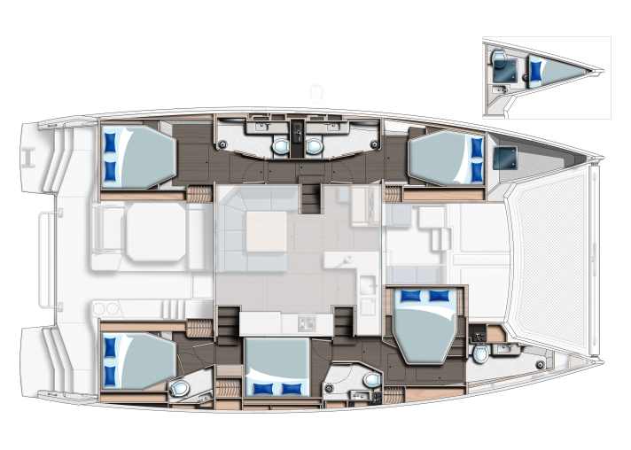   Leopard 50 with five cabins and five heads compartments. The transversely installed owner's cabin is accessible via a separate entrance