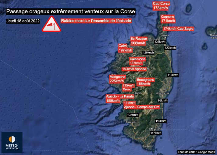 La velocità del vento misurata durante il temporale in Corsica. Anche sulla costa orientale, protetta dalle montagne, hanno raggiunto la forza di un uragano: Google Maps/Meteo-villes.com